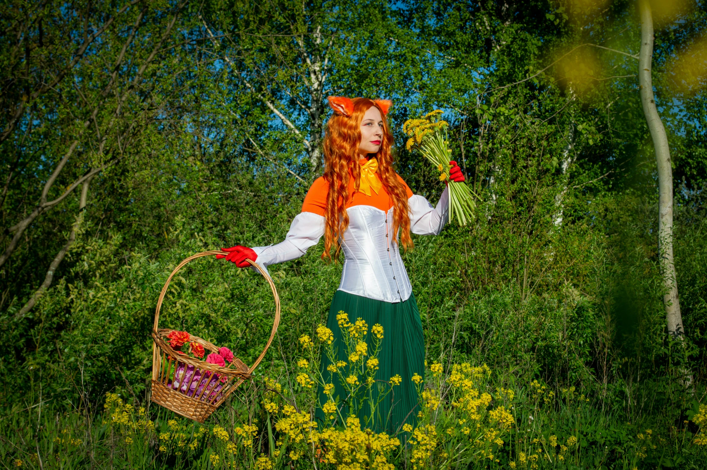 a woman standing in a field holding a basket of flowers, by Nina Petrovna Valetova, pixabay contest winner, cosplay of a catboy! maid! dress, orange skin and long fiery hair, zootopia stile, фото девушка курит