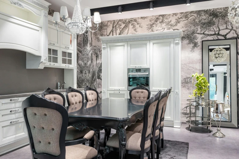 a dining room table with chairs and a chandelier, inspired by Albert Paris Gütersloh, luxury bespoke kitchen design, photo - realistic wallpaper, monochrome background, colonial style