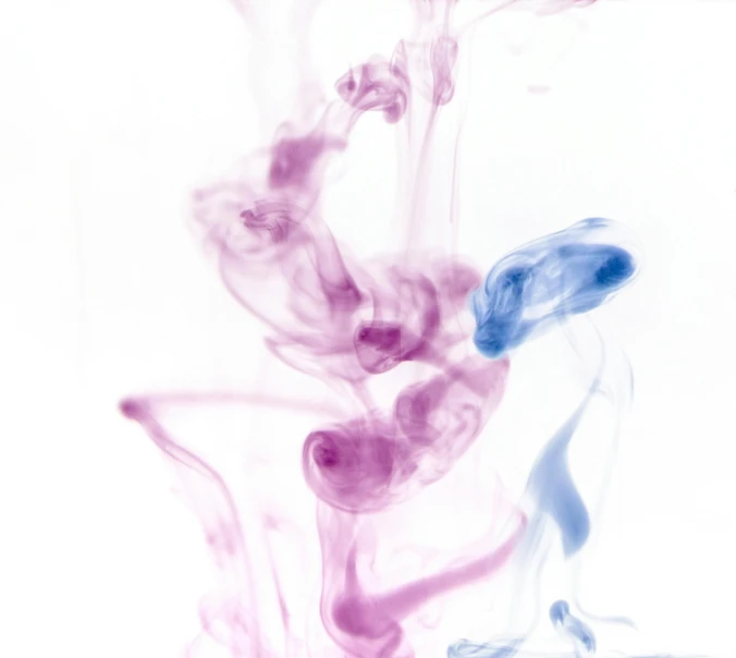 a close up of colored ink in water, an abstract drawing, inspired by Kim Keever, pexels, angel is split in two with smoke, set against a white background, pink and blue, psychedelic mushrooms