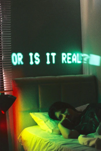 a woman laying on top of a bed under a neon sign, a hologram, trending on tumblr, be real, someone in home sits in bed, green light coming from window, wearing 3 d glasses