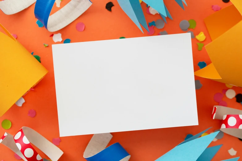 a birthday card surrounded by confetti and streamers, visual art, white and orange, blank paper, multiple stories, overview