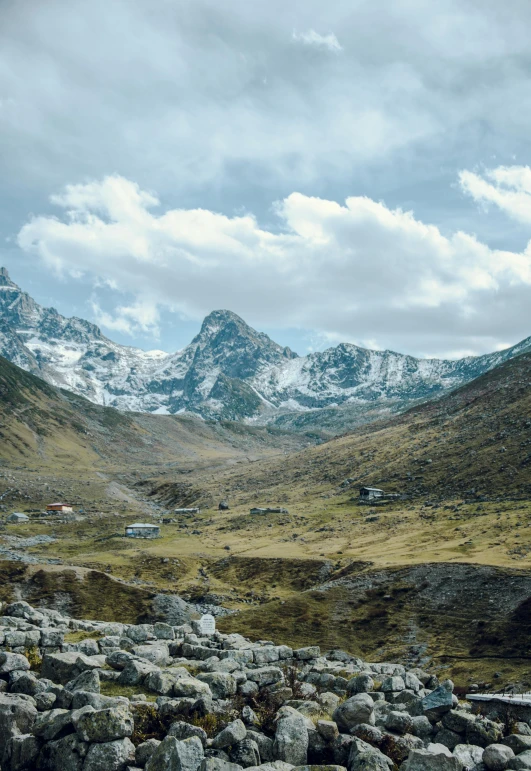 a rocky valley with mountains in the background, by Jacob Toorenvliet, trending on unsplash, les nabis, neo - andean architecture, seen from a distance, 4k image”, 4k)