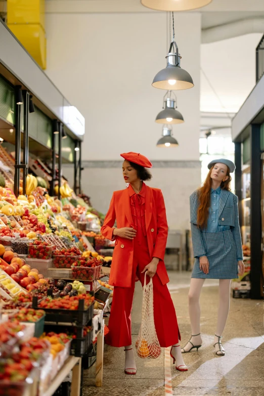 a couple of women standing next to each other in a store, trending on pexels, renaissance, red hat, fruit, red suit, platforms