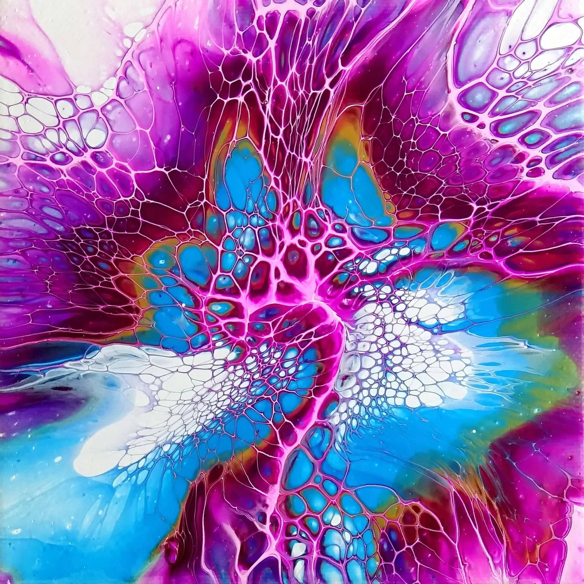 a painting of a purple and blue flower, metaphysical painting, abstract white fluid, cellular, detonation, vibrant colours