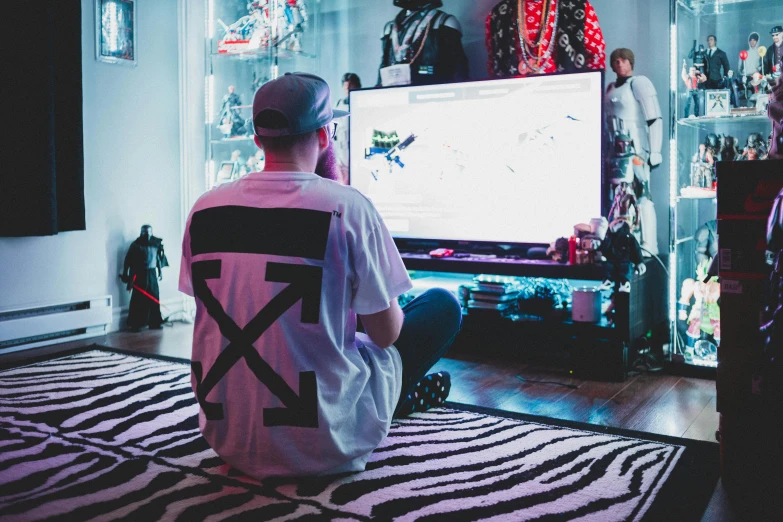 a man sitting on a zebra print rug in front of a television, trending on pexels, maximalism, style game square enix, mac miller, x logo, twins playing video games