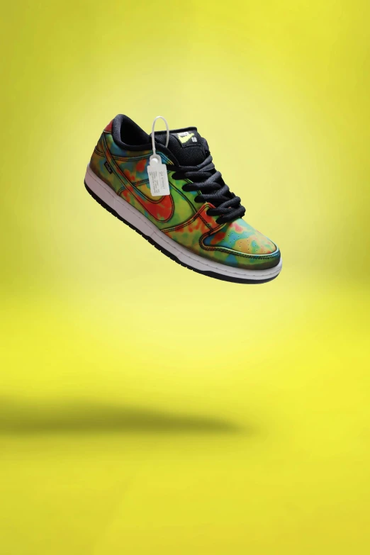 a pair of shoes in the air on a yellow background, by artist, unsplash, hyperrealism, camo, juice, birdeye, teddy fresh