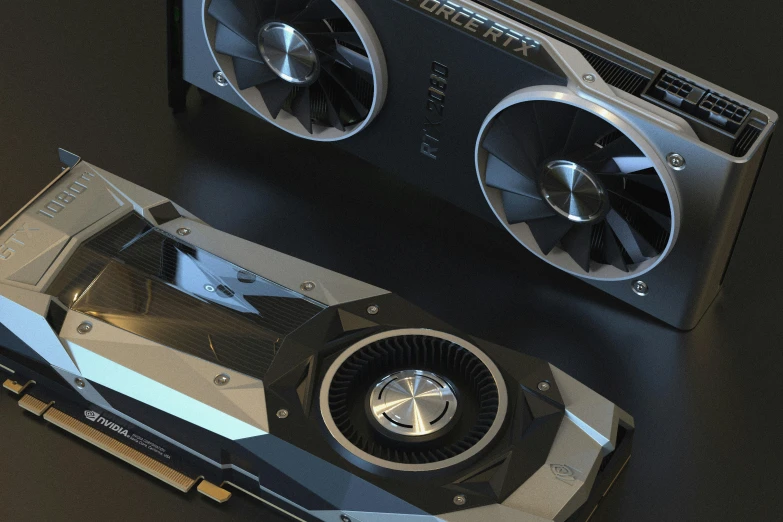 a couple of video cards sitting on top of a table, by Sebastian Vrancx, polycount contest winner, pbr material, nvidia and behance, rtx engine, pc gaming