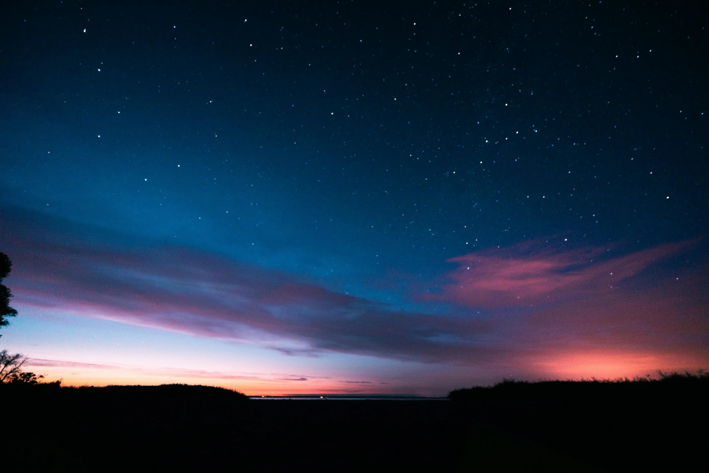 a night sky with stars and a tree in the foreground, pexels contest winner, pink and blue gradients, sunset panorama, pembrokeshire, distant town lights