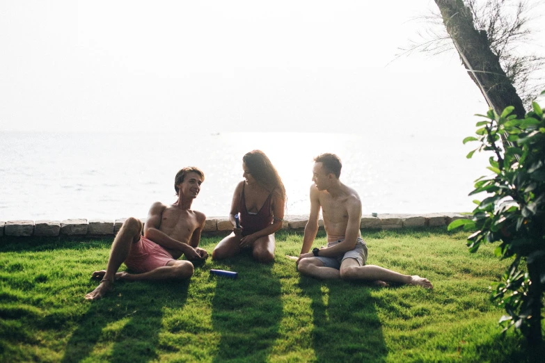 a group of people sitting on top of a lush green field, sitting at the beach, profile image, flirting, college students