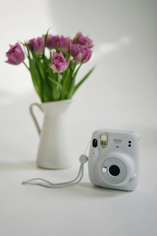 a white camera sitting next to a vase of flowers, a polaroid photo, detailed product image, portrait n - 9, profile pic, ansel ]