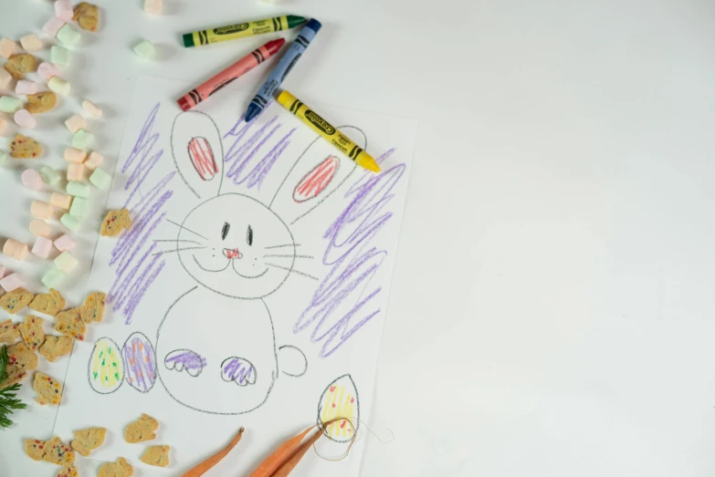 a drawing of a bunny surrounded by crayons and marshmallows, a child's drawing, by Nicolette Macnamara, pexels, on a white table, product display photograph, light tracing, easter