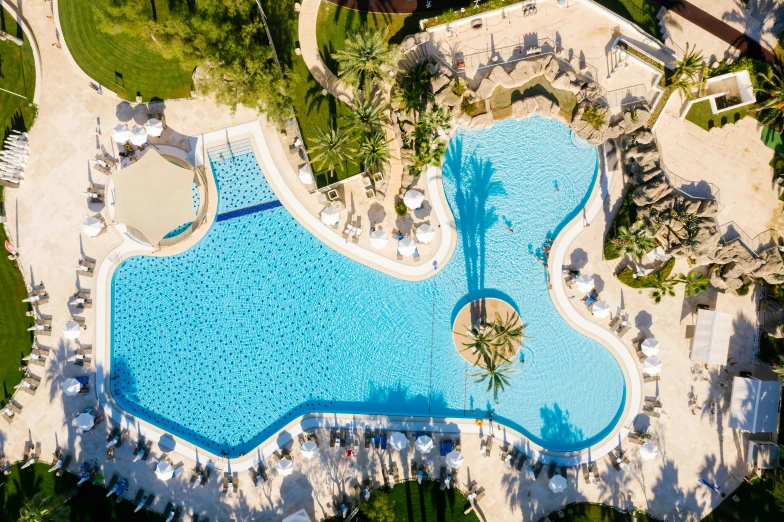 an aerial view of a swimming pool surrounded by palm trees, cyprus, atlantis, infinity concentric pool, birdeye