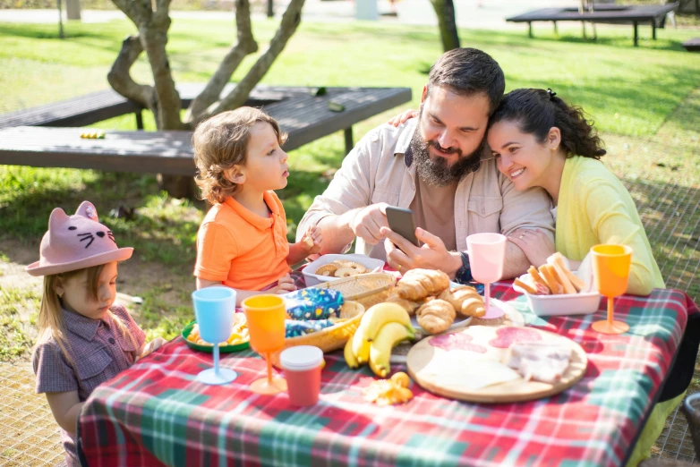 a family having a picnic in the park, pexels, figuration libre, square, looking at his phone, gourmet and crafts, 5k