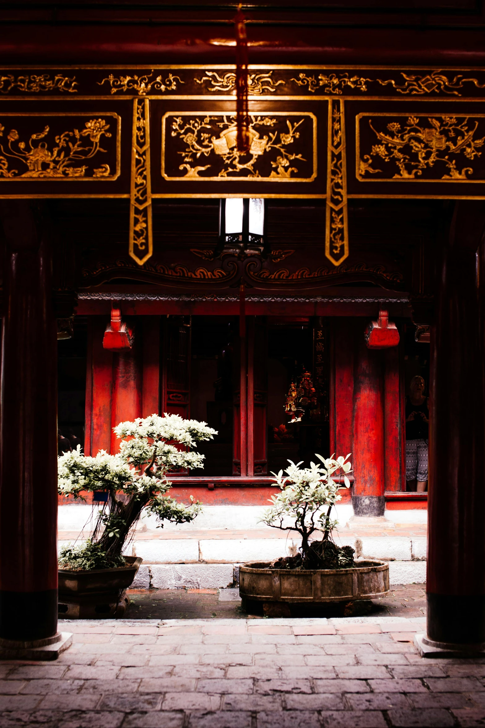 a couple of potted plants sitting inside of a building, inspired by Cui Bai, in front of the temple, atmospheric beautiful details, gold and red accents, dramatic entry