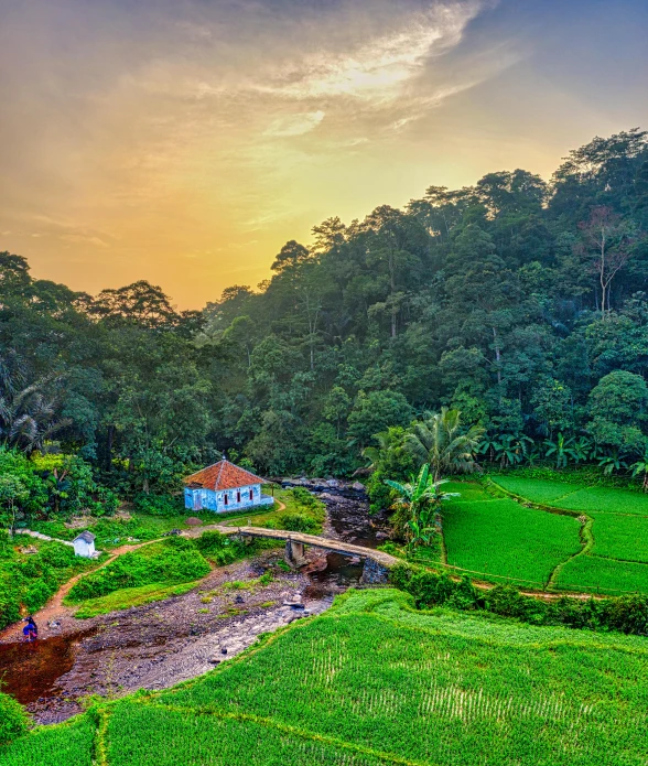 a house sitting in the middle of a lush green field, inspired by Erik Pevernagie, pexels contest winner, sumatraism, sunset panorama, wet lush jungle landscape, today\'s featured photograph 4k, wide high angle view