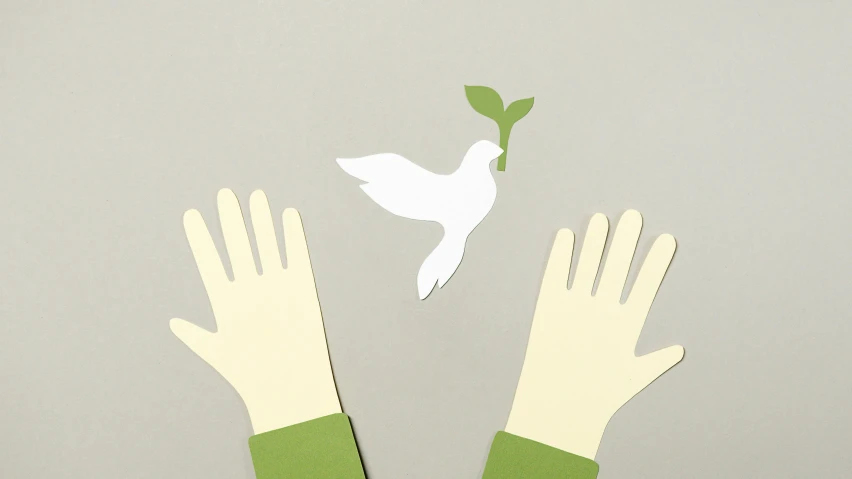 a pair of hands with paper cutouts of a bird and a plant, inspired by Francis Helps, trending on pexels, world peace, 3 d illutration, plain background, holy spirit