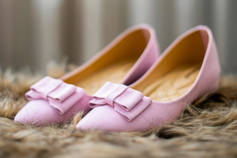 a pair of pink shoes with a bow on them, a portrait, trending on pixabay, hurufiyya, environmental shot, pastel fur, ten flats