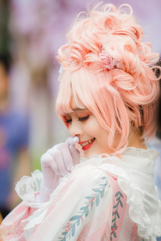 a woman with pink hair is looking at her cell phone, a picture, trending on cg society, rococo, cosplay photo, geisha hairstyle, 2263539546], headshot profile picture