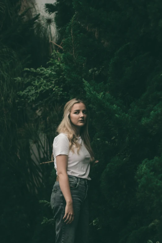 a woman standing in the middle of a forest, sydney sweeney, plain background, portrait featured on unsplash, concert photo