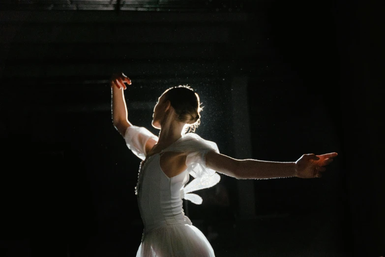 a woman in a white dress is dancing, by Elizabeth Polunin, pexels contest winner, lights, sweating, instagram post, 4l