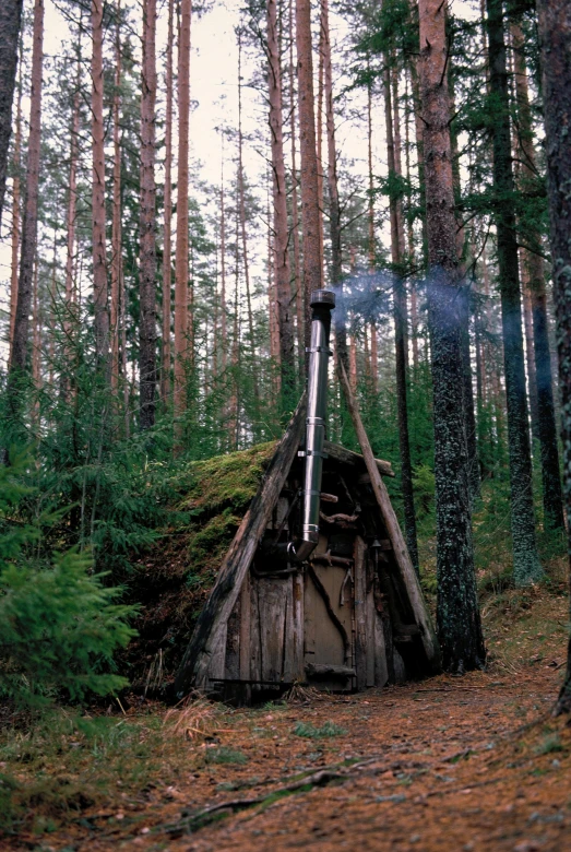 a small cabin in the middle of a forest, by Eero Järnefelt, land art, boiling, 1999 photograph, pointy conical hat, ( ( photograph ) )