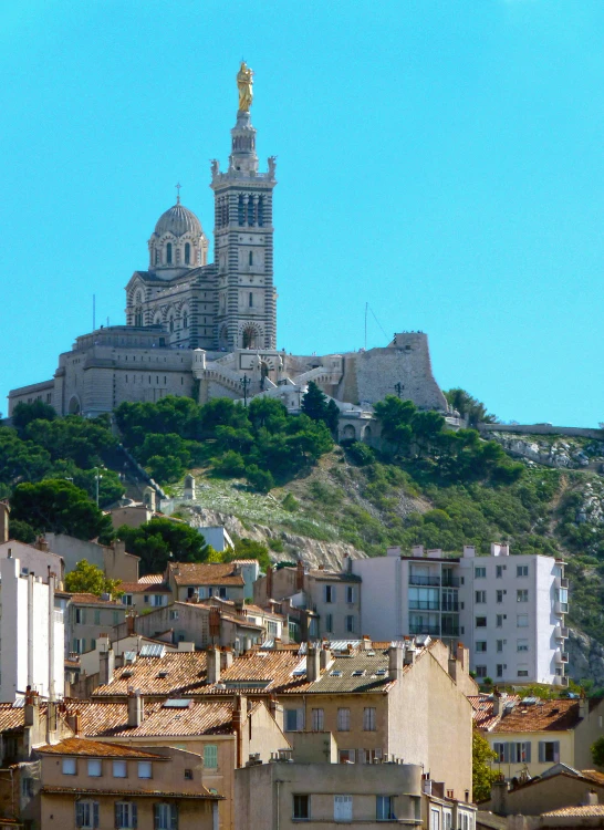 a group of buildings sitting on top of a hill, slide show, french architecture, city of pristine colors, white