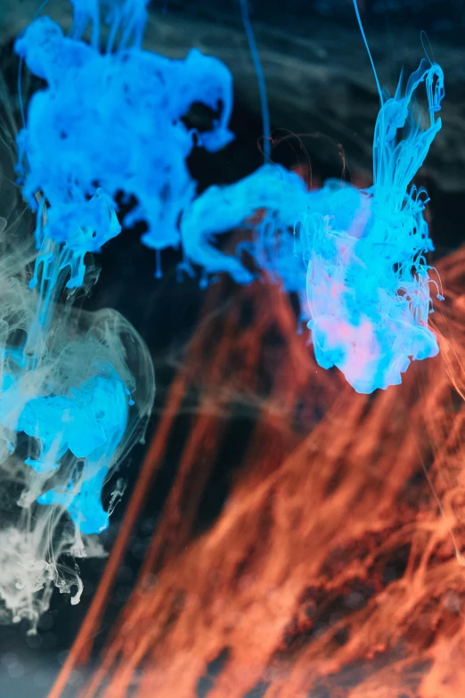 a close up of blue and red ink in water, inspired by Kim Keever, unsplash, lights and smoke, cyan and orange, high - contrast, neurons firing