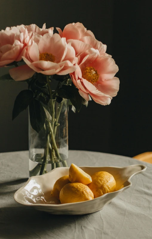 a vase filled with pink flowers sitting on top of a table, a still life, unsplash, steamed buns, lemons, crisp image, ad image