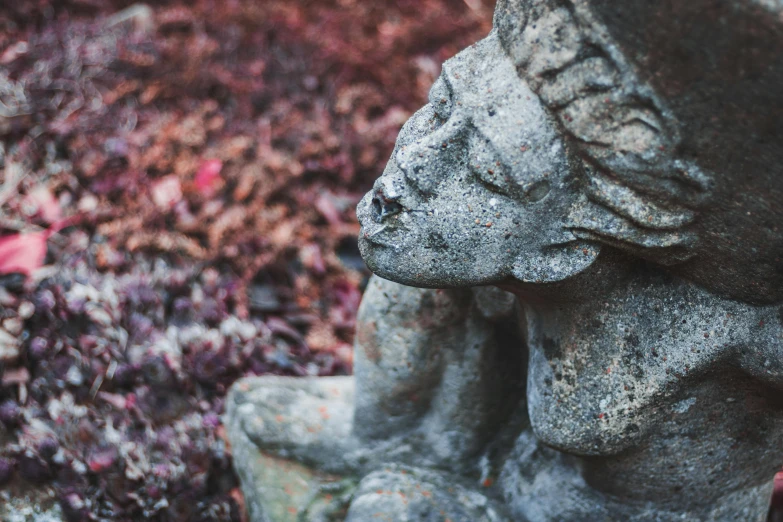 a stone statue sitting on top of a pile of leaves, inspired by Elsa Bleda, unsplash, half image, thoughtful ), gothic aesthetic, instagram photo