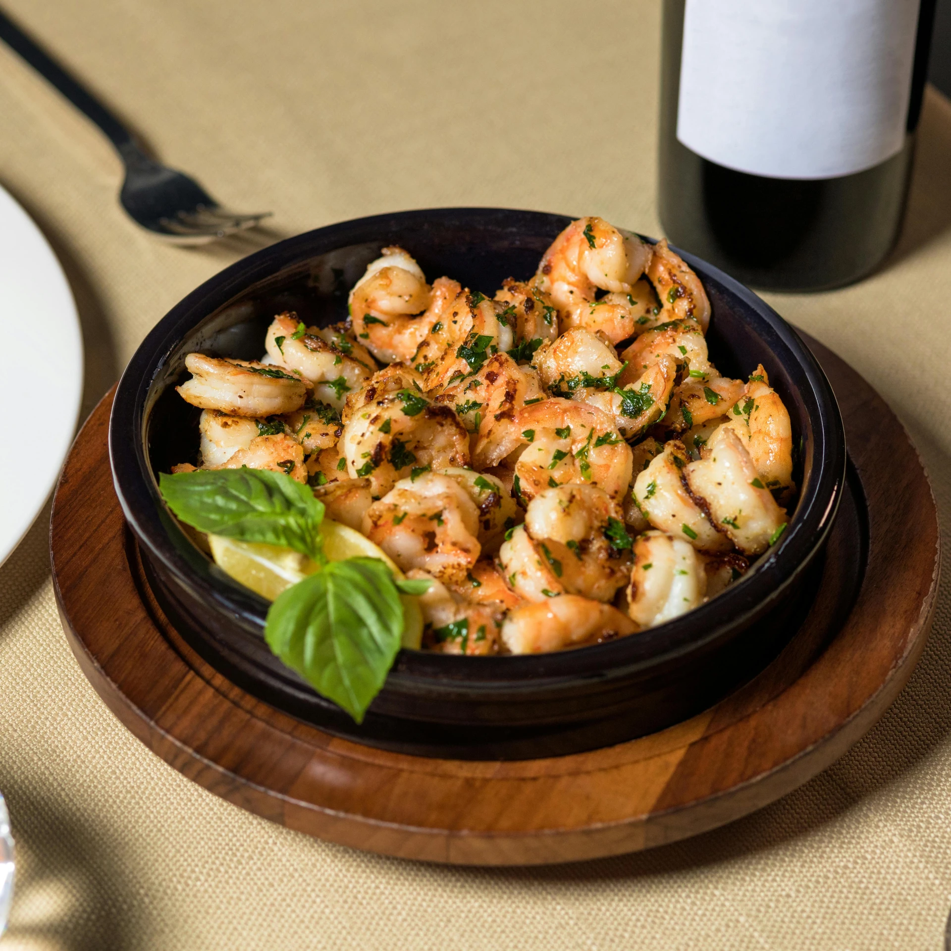 a close up of a plate of food near a bottle of wine, shrimp, tiziano vecelli, full-body, herbs