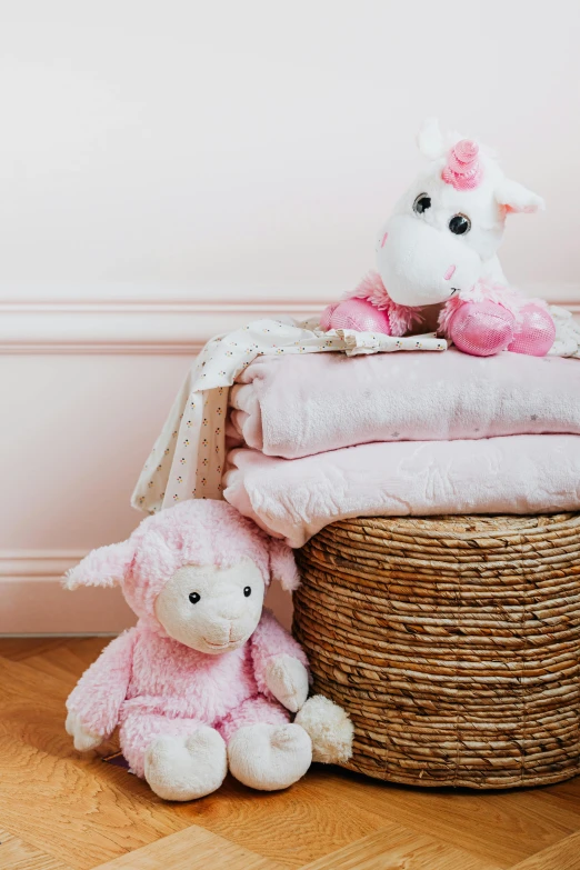 two stuffed animals sitting on top of a basket, by Marie Angel, pink and pink details, throw, pink magic, full product shot