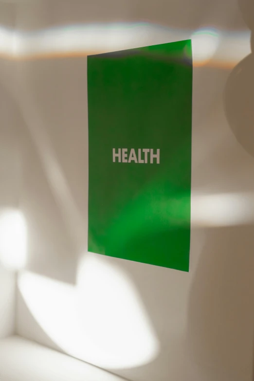 a green sign sitting on the side of a refrigerator, a poster, unsplash, health, 3-dimensional, on white, hanging