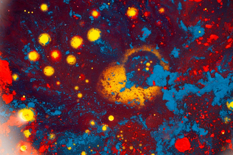 a close up of a red and blue painting, a microscopic photo, galactic yellow violet colors, archival pigment print, dots abstract, (night)