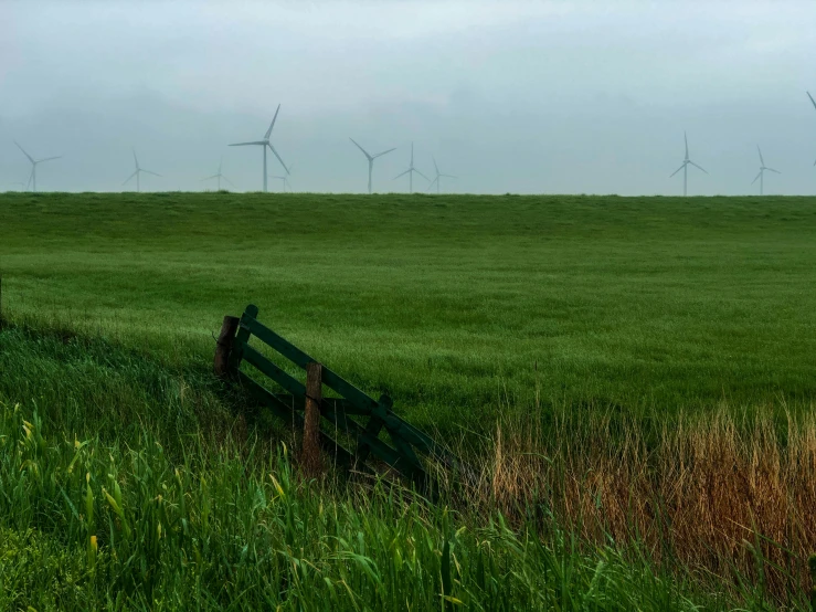 a field of green grass with windmills in the background, a picture, inspired by Chris Friel, pexels contest winner, fence line, horizon forbideen west, mist low over ground, offshore winds