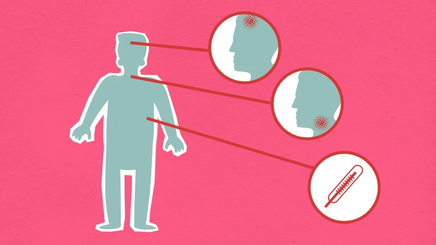 a man standing in front of a pink background, an illustration of, disease, stick figures, holding a syringe, neanderthal people