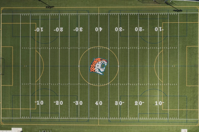 an overhead view of a football field, a digital rendering, by Ben Zoeller, reddit, conceptual art, tigers, orange and cyan paint decals, helicopter view, listing image