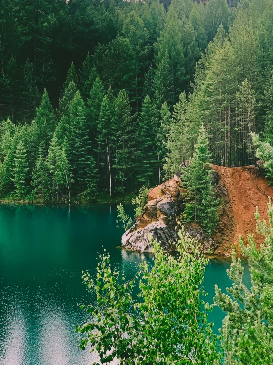 a large body of water surrounded by trees, inspired by Elsa Bleda, pexels contest winner, rock quarry location, evergreen valley, teal energy, forest details