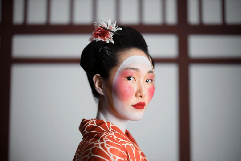 a woman in a kimono is posing for a picture, a portrait, inspired by Otake Chikuha, unsplash, ukiyo-e, white facepaint, square, “hyper realistic, demur