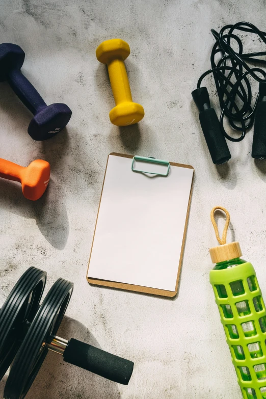 a variety of exercise equipment laid out on a table, a picture, trending on pexels, graffiti, on white paper, thumbnail, inspect in inventory image, teaser