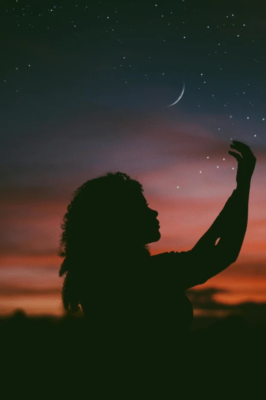 a woman reaching up to the stars in the sky, trending on pexels, crescent moon in background, instagram post, star charts, woman holding another woman