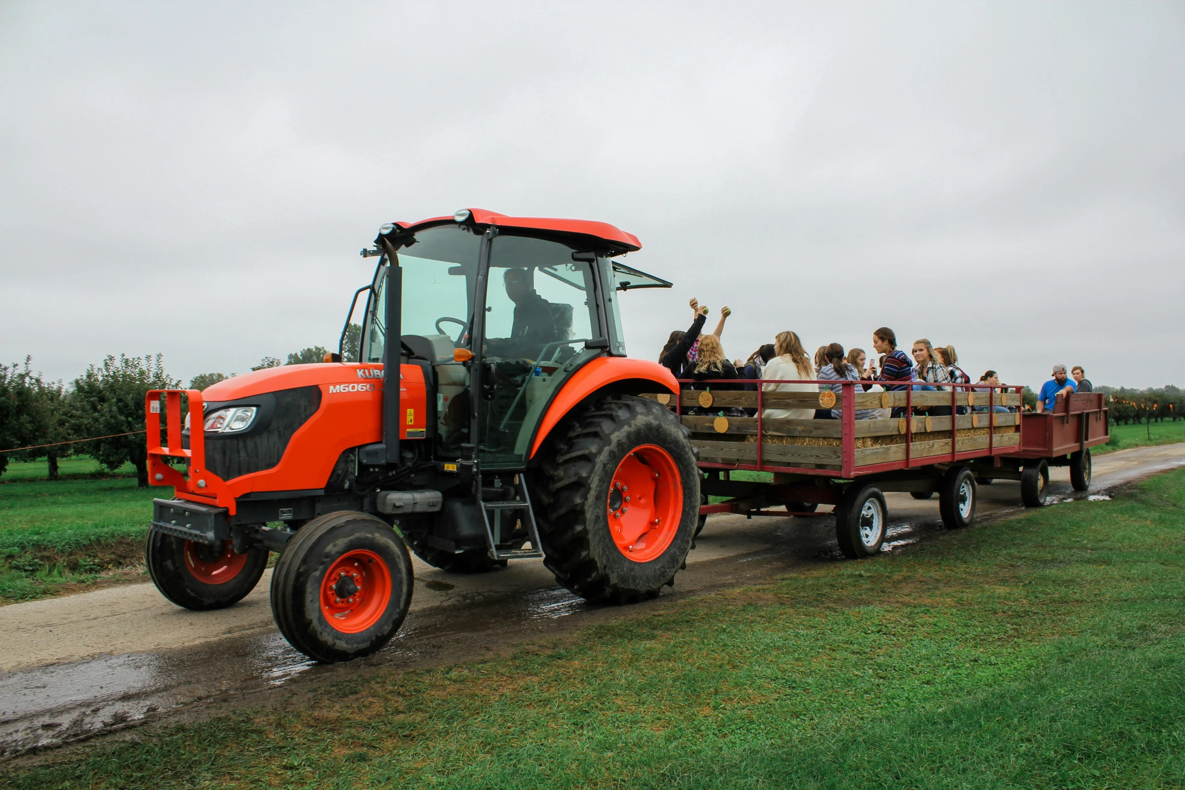 a group of people riding on the back of a tractor, vibrant but dreary orange, square, seasonal, slide show