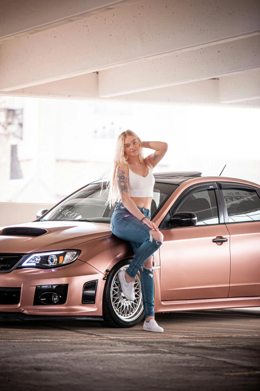 a woman sitting on top of a pink car, inspired by Sydney Carline, featured on reddit, renaissance, wrx golf, brushed rose gold car paint, bronze!! (eos 5ds r, profile picture 1024px