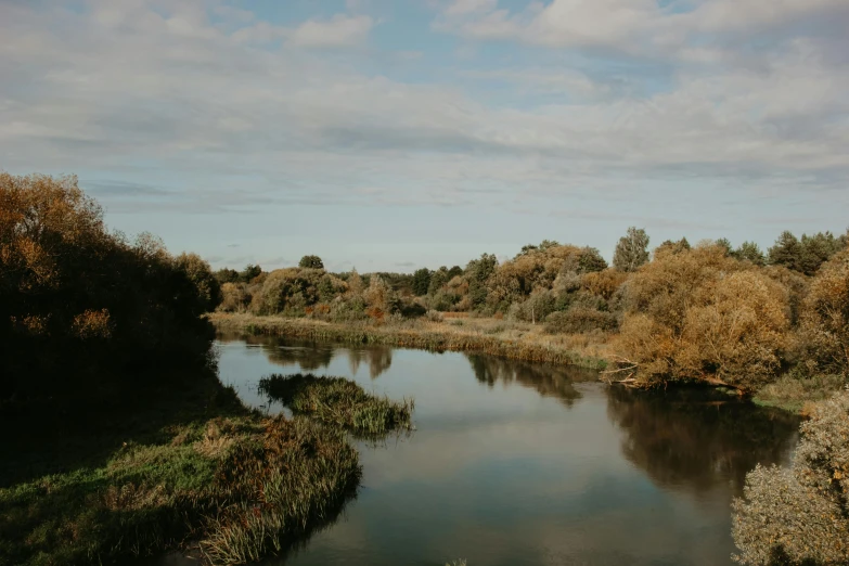 a river running through a lush green forest filled with trees, a picture, unsplash, hurufiyya, the thames is dry, autumnal, low quality photo, azamat khairov