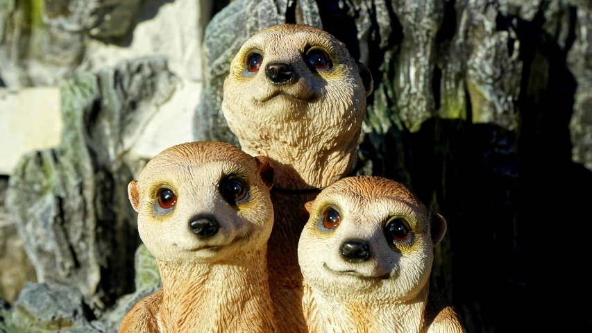 a group of three toy meerkats sitting next to each other, a portrait, instagram, avatar image, otter, resin statue, sun shining