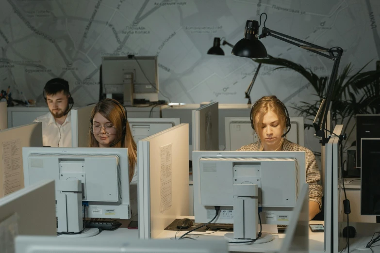 a group of people working on computers in an office, a computer rendering, by Adam Marczyński, pexels, headset, avatar image, summer evening, mid shot photo