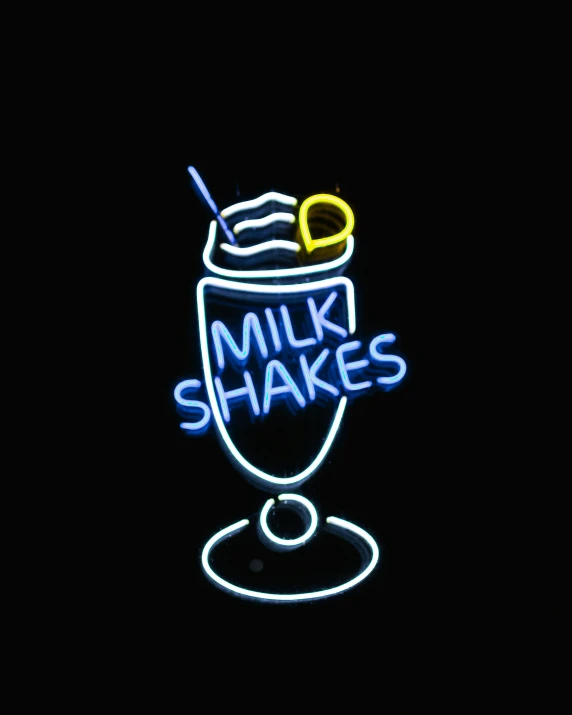 a neon sign that says milk shakes, an album cover, [32k hd]^10, profile pic, unknown, gif