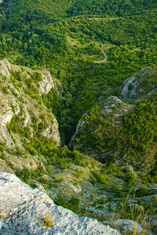 a man sitting on the edge of a cliff overlooking a valley, by Mirko Rački, les nabis, top - down photo, panoramic, taras susak, green