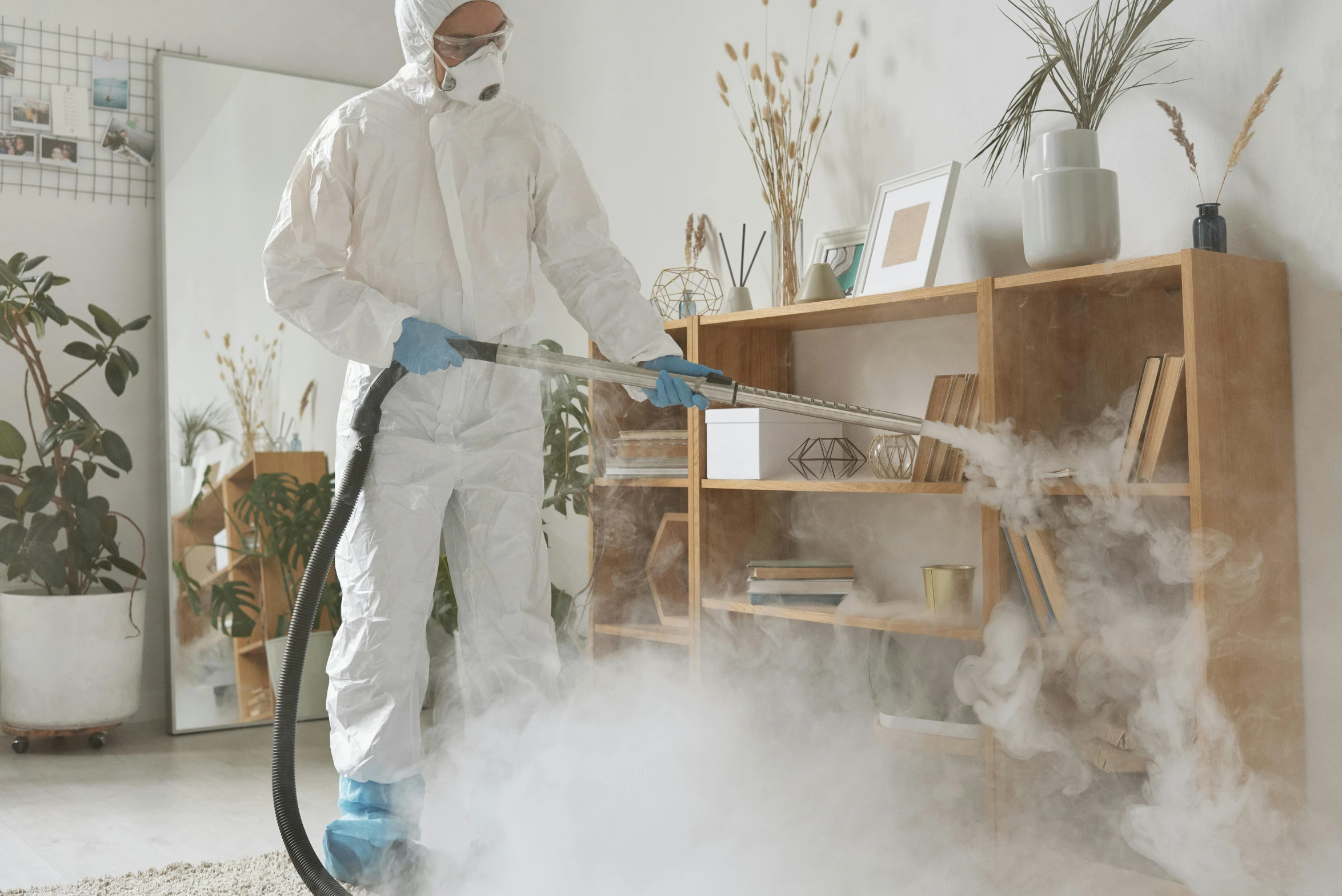 a man in a white suit is cleaning a room, misting, avatar image, covid, maintenance photo