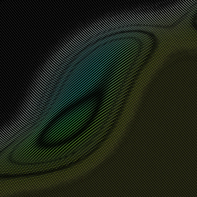 a close up of a green feather on a black background, a digital rendering, inspired by Lucio Fontana, deviantart, generative art, stylistic oval black eyes, moire, surreal black and yellow, detailed : cornea