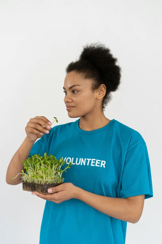 a woman in a blue shirt holding a plant, made of food, wearing a t-shirt, profile image, seedlings